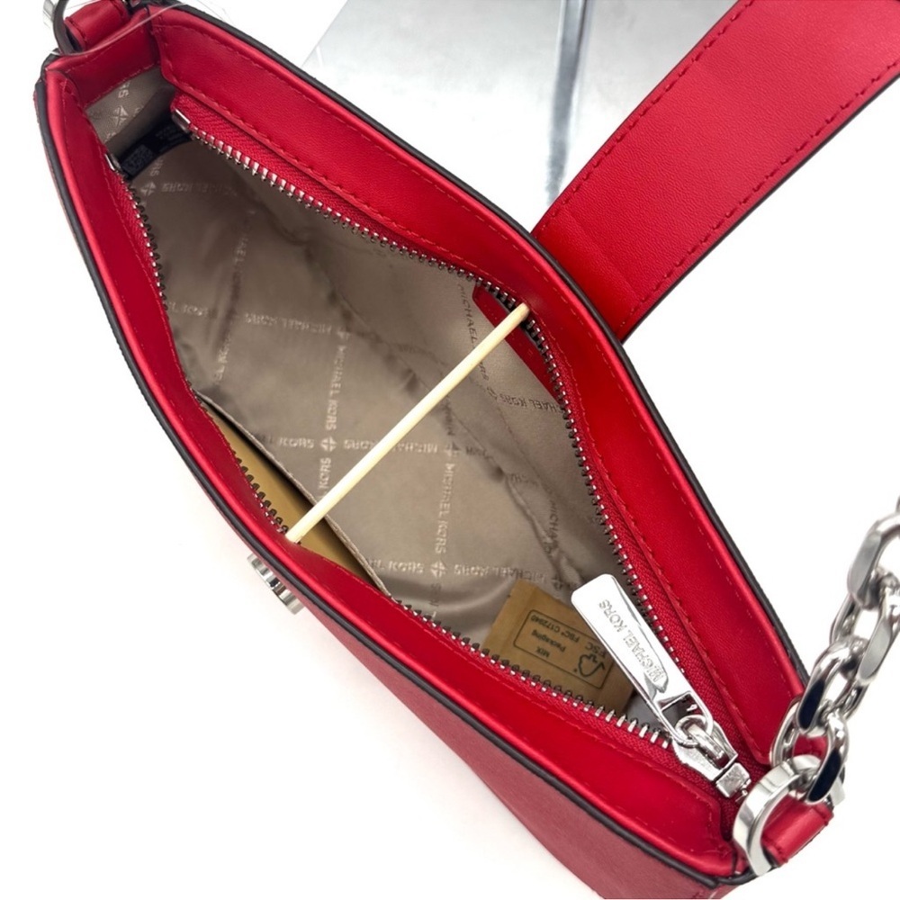 Michael Kors Carmen Small Pouchette Crossbody Bag Red/Silver - Picture 8 of 9